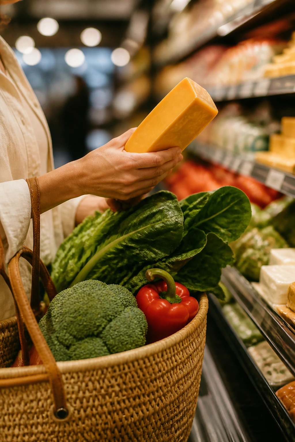 Shopper selecting cheese and produce at a grocery store