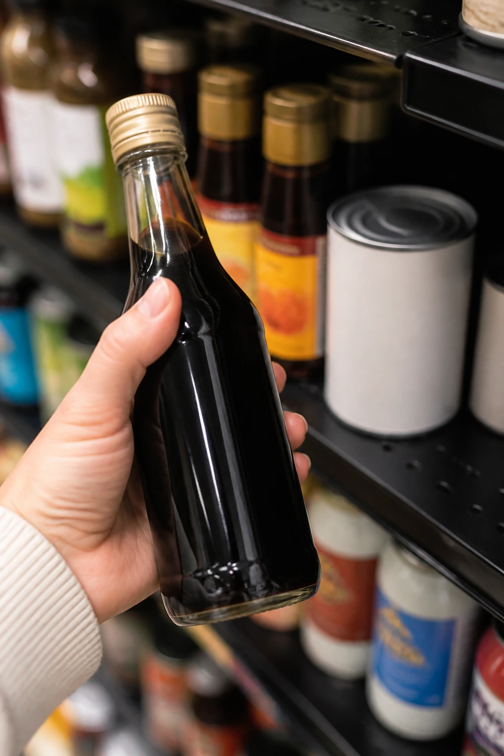 Hand selecting soy sauce in a grocery store aisle with coconut milk nearby