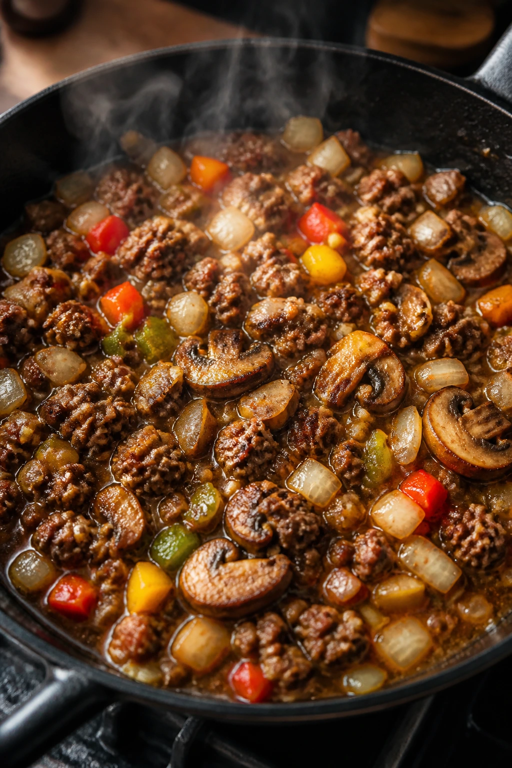 Pan with beef and aromatics browning and sauce forming