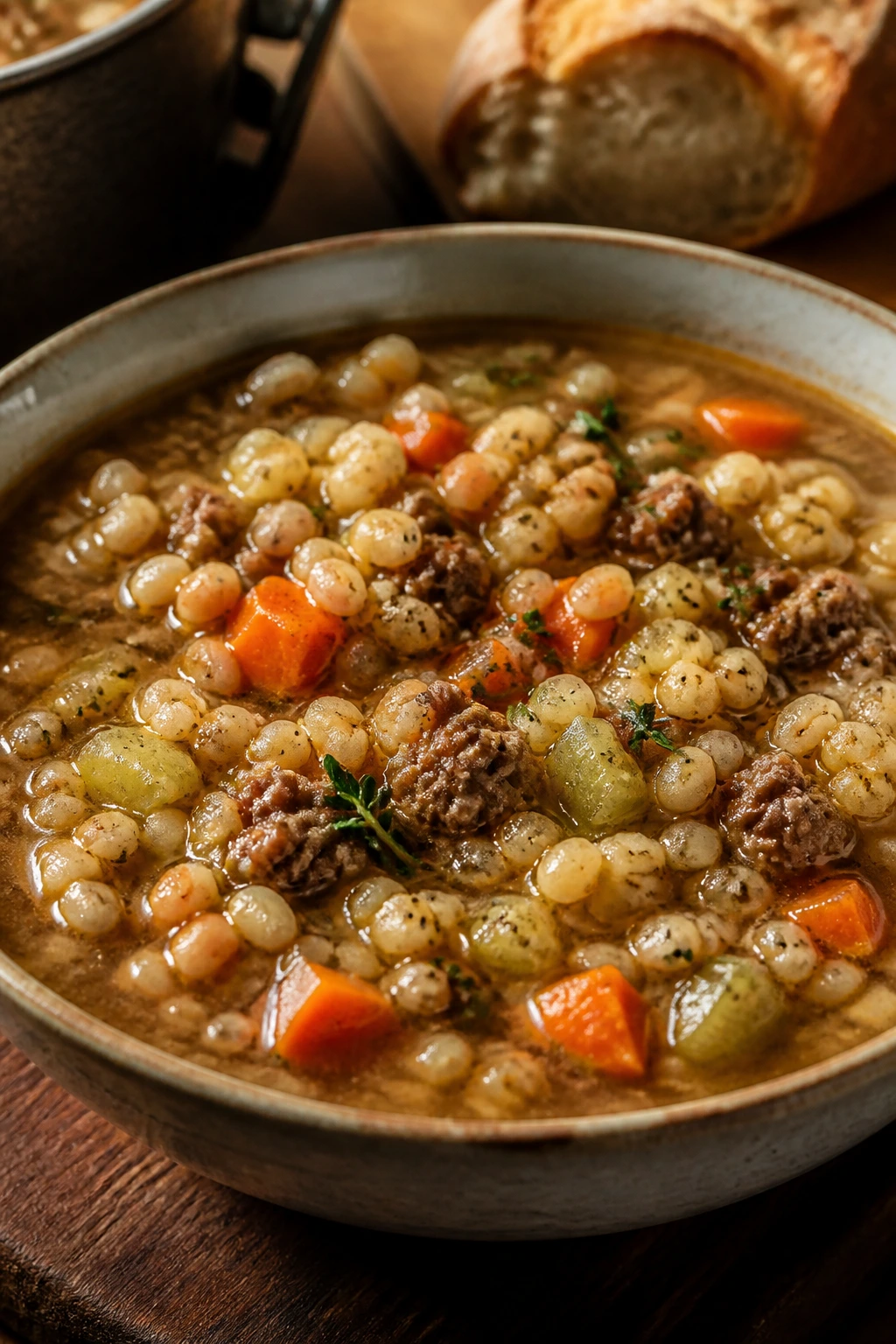 Close-up of ground beef and barley soup with beef and barley visible