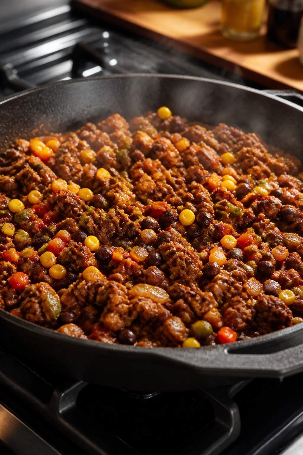 Skillet filled with ground beef and black beans for tacos