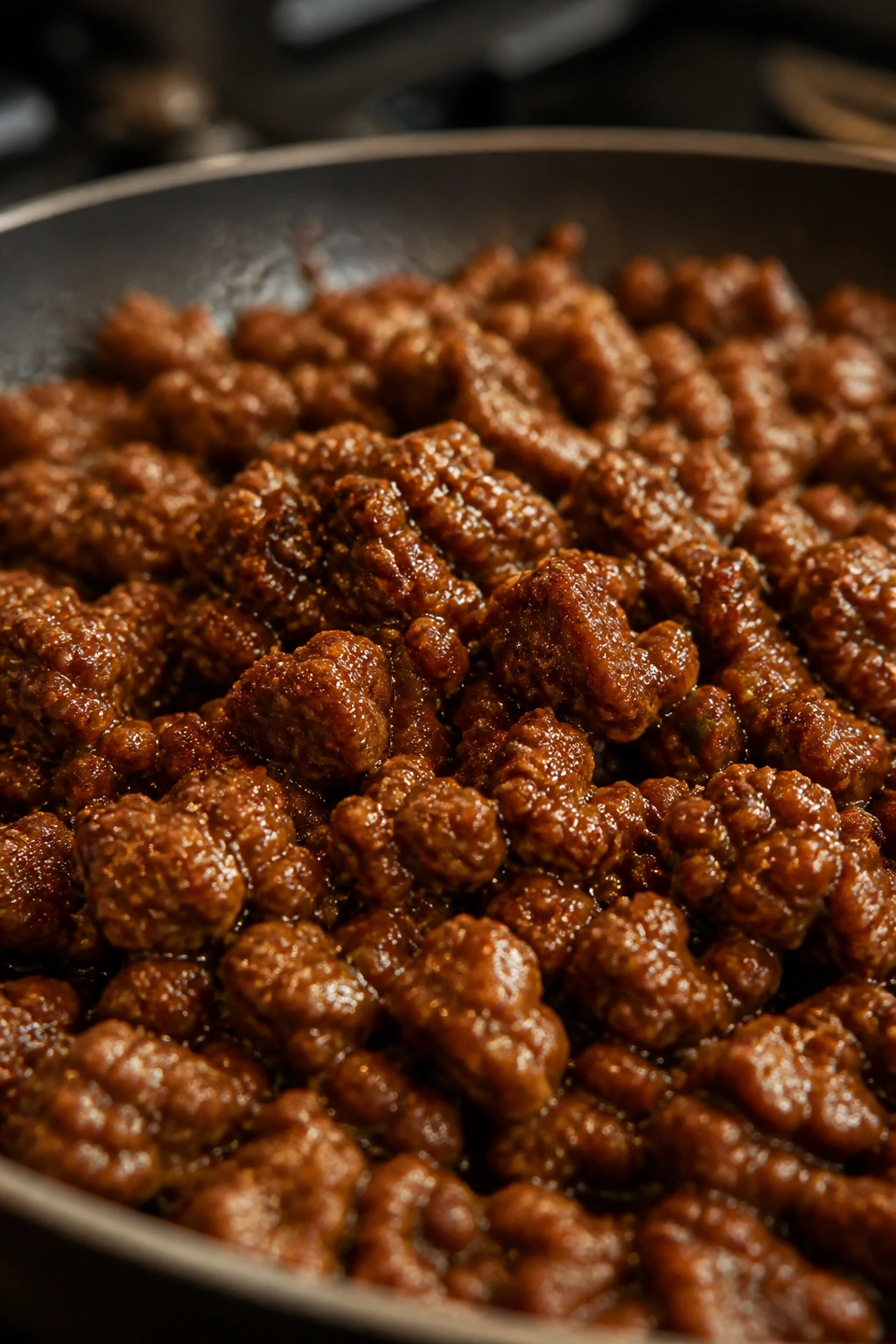 Close-up of browned ground beef with glossy sauce in pan