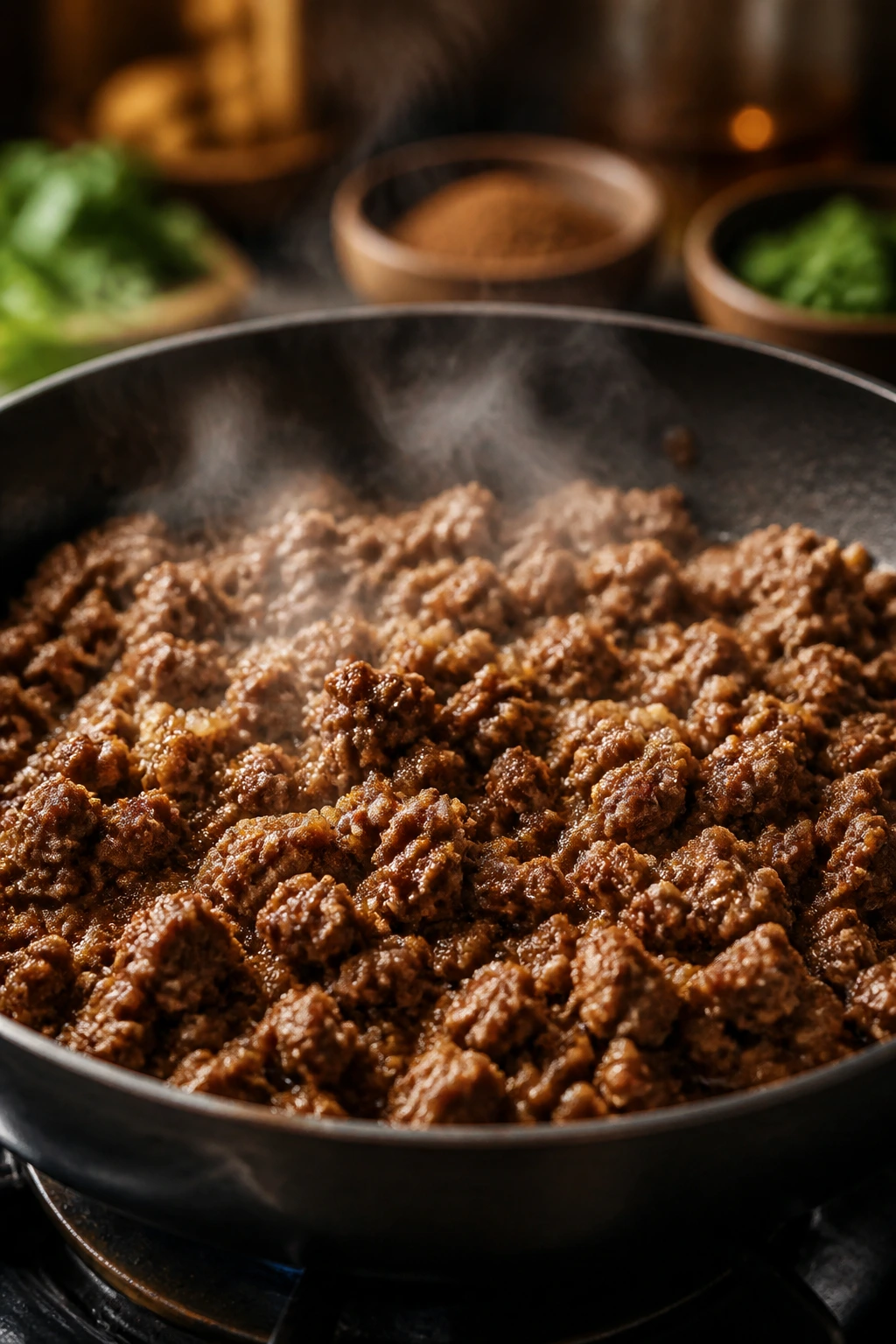 Close-up of browned ground beef in a skillet for tacos