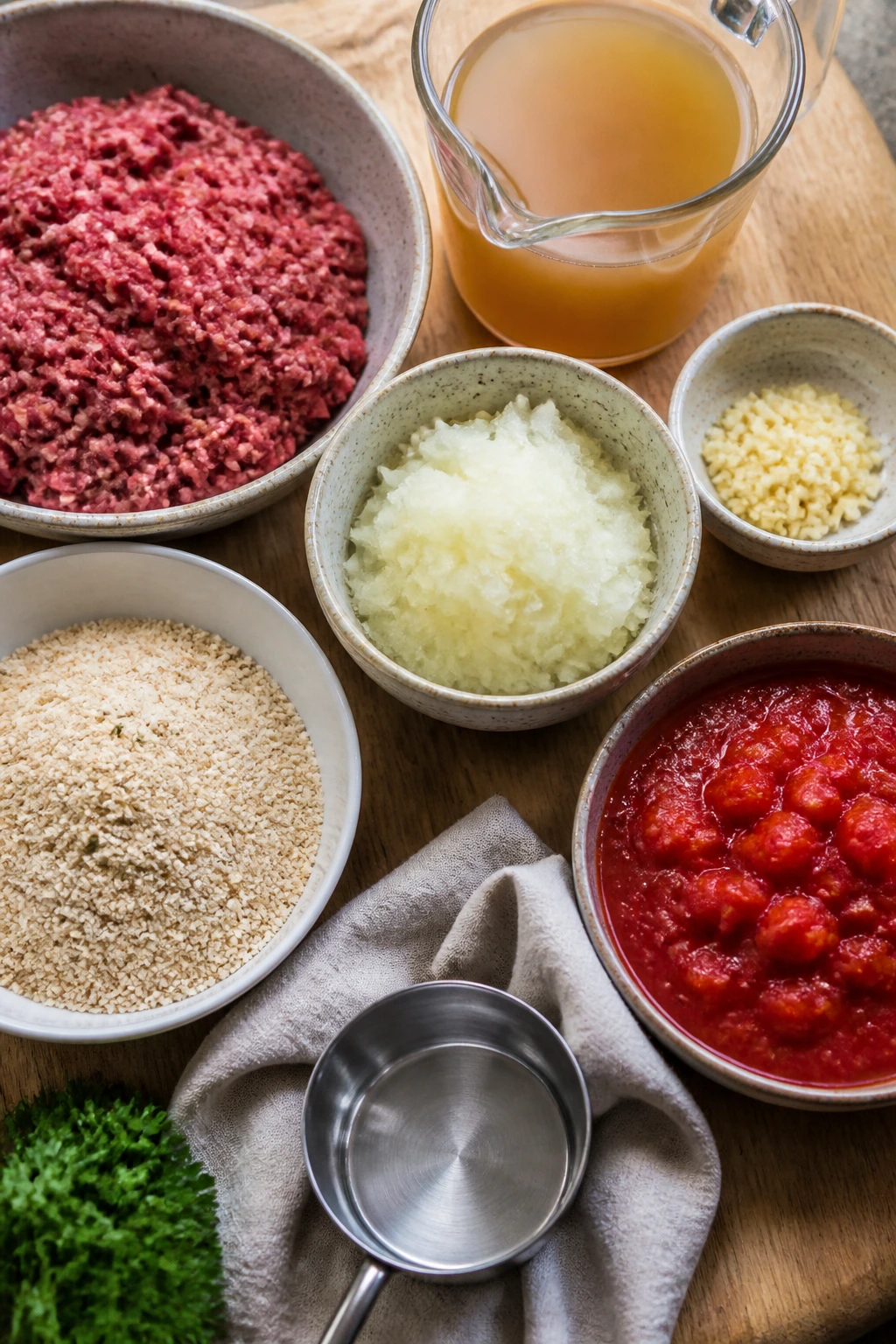 Top-down view of key meatball ingredients laid out on a counter.