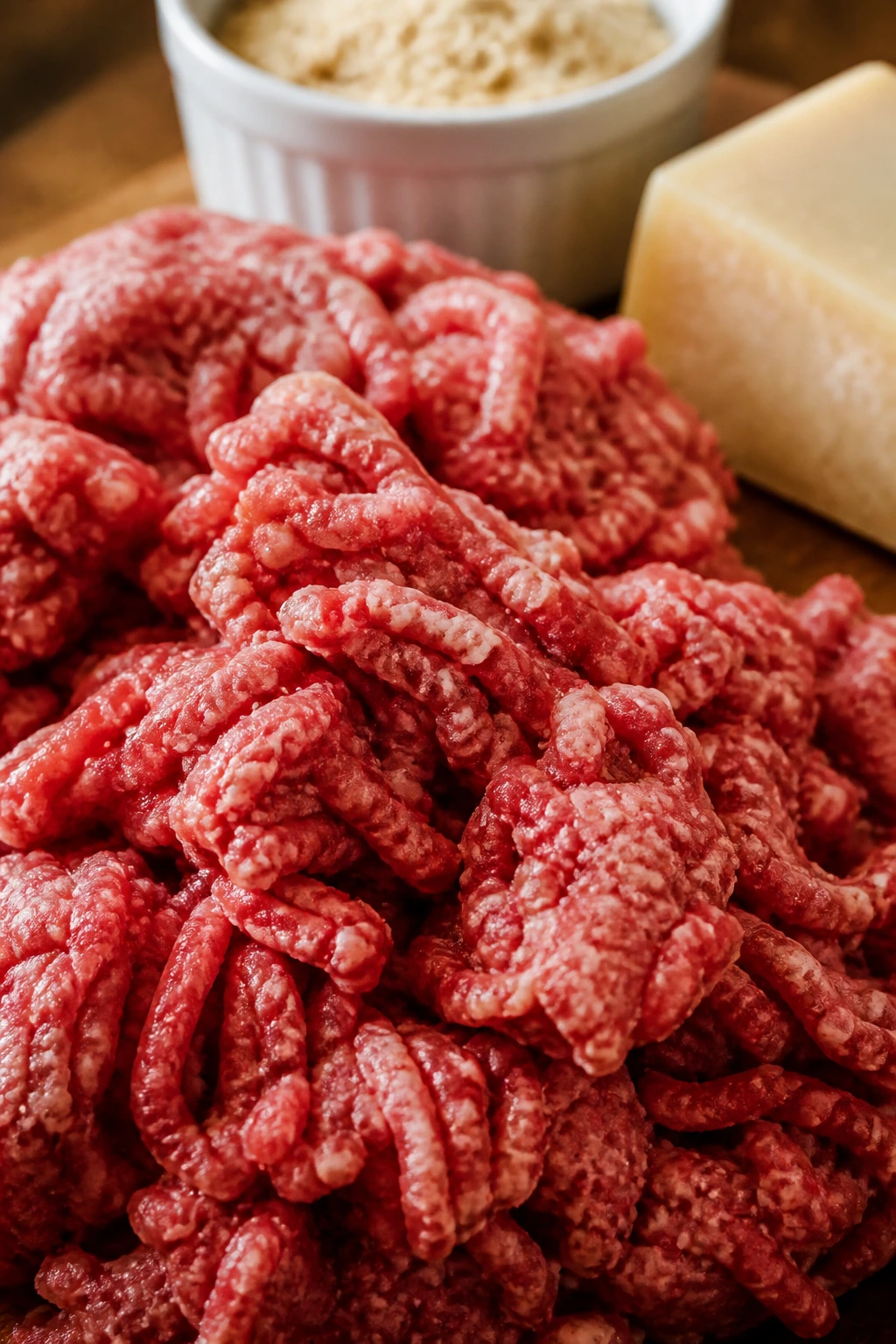 Ground beef mound with breadcrumbs and Parmigiano on a cutting board