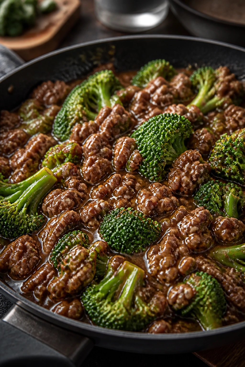 Skillet with ground beef and broccoli in glossy sauce