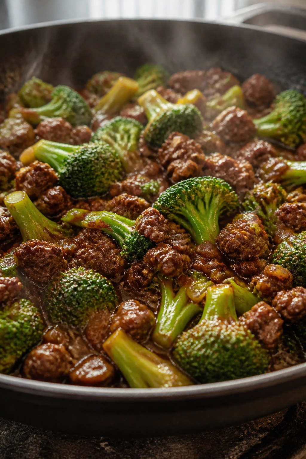 Close-up of browned beef and crisp broccoli in a skillet with glossy glaze
