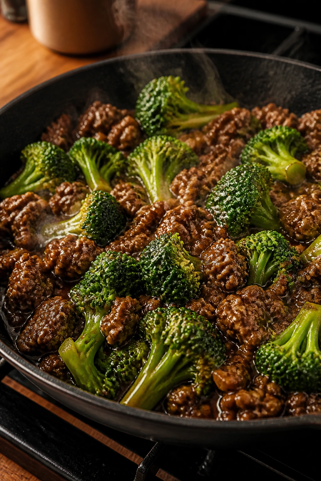 Glossy finished ground beef and broccoli skillet