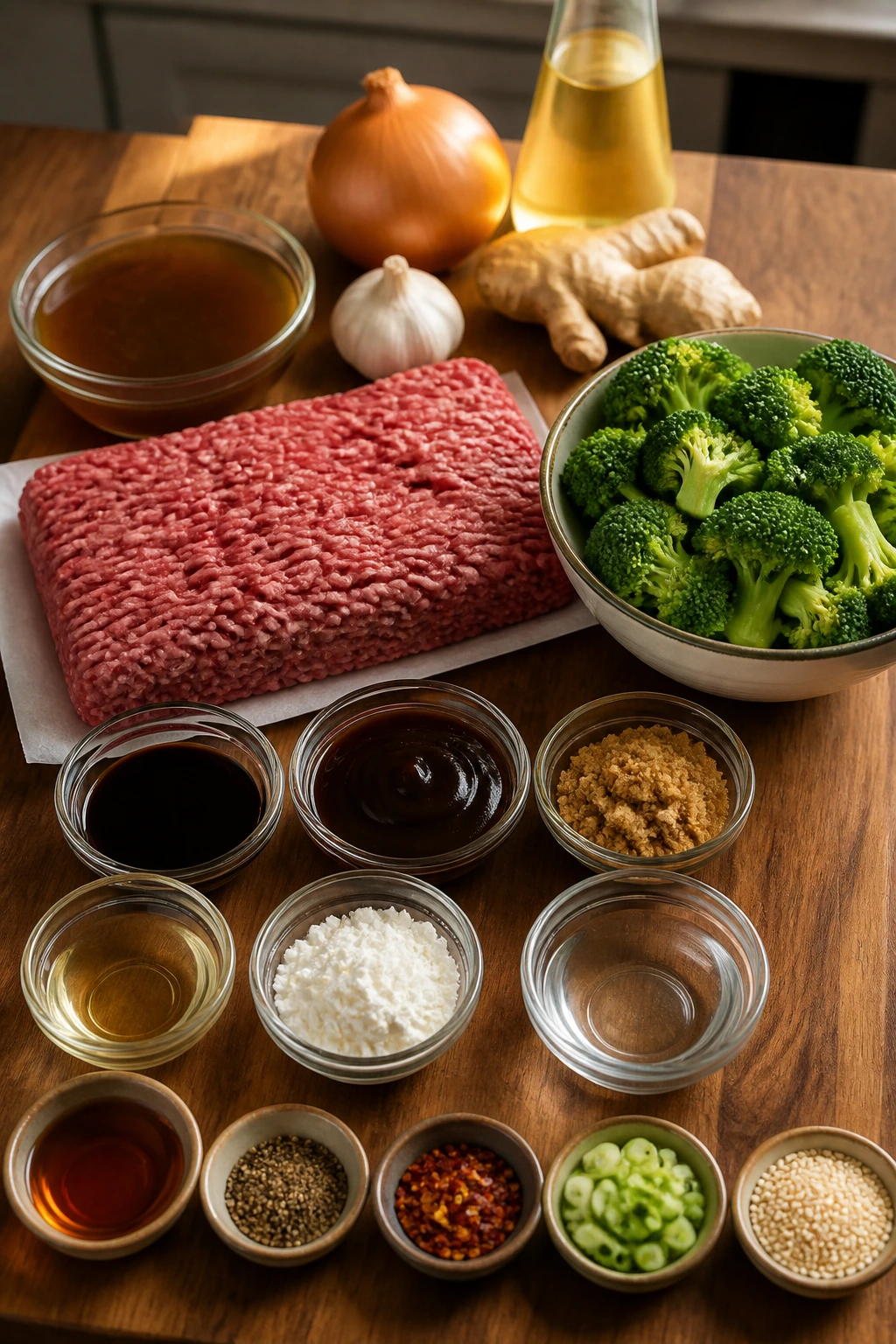 Still-life of beef and broccoli ingredients laid out on a cutting board