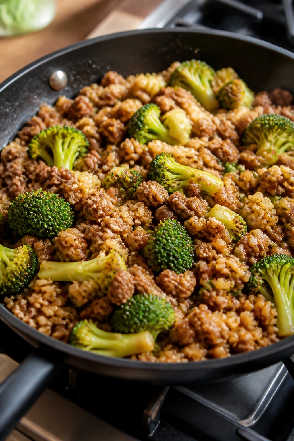 Close-up of beef broccoli rice skillet in soy-ginger glaze