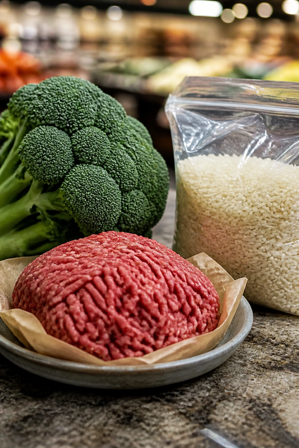 Beef, broccoli, and rice ready for shopping