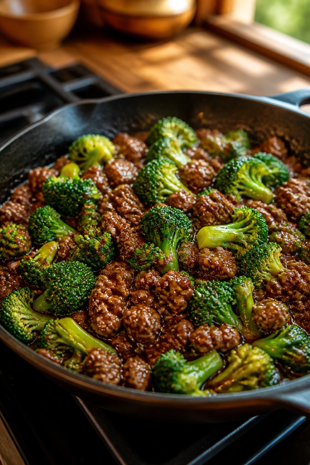 Close-up of a skillet beef and broccoli dish with glossy sauce in a warm kitchen