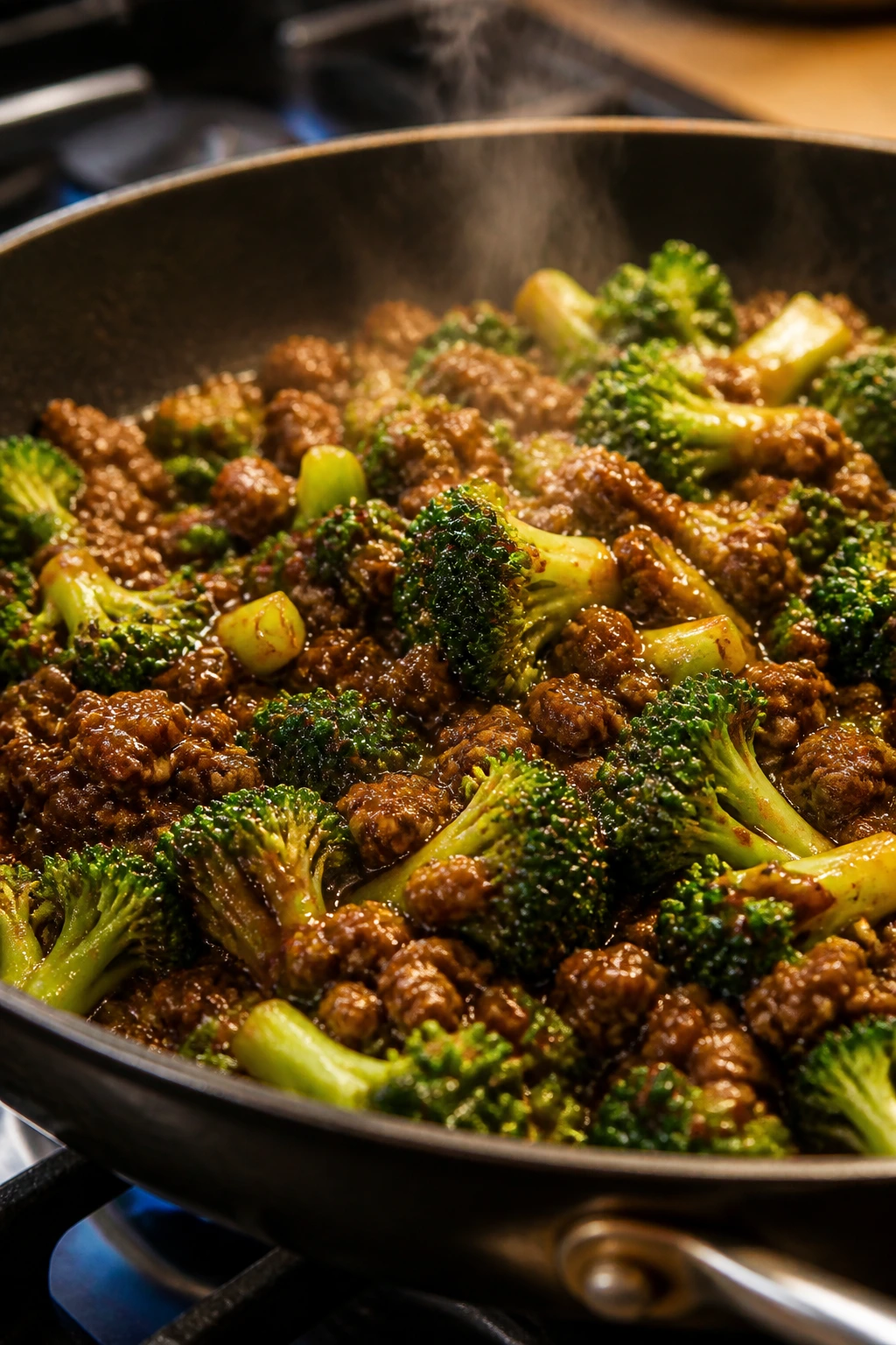 Close-up of ground beef and broccoli in a skillet with glossy sauce