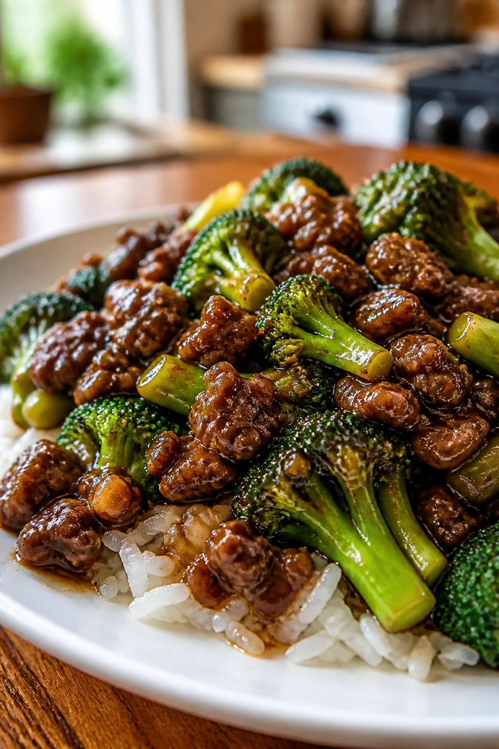 Close-up of saucy beef and broccoli with glossy sauce over rice