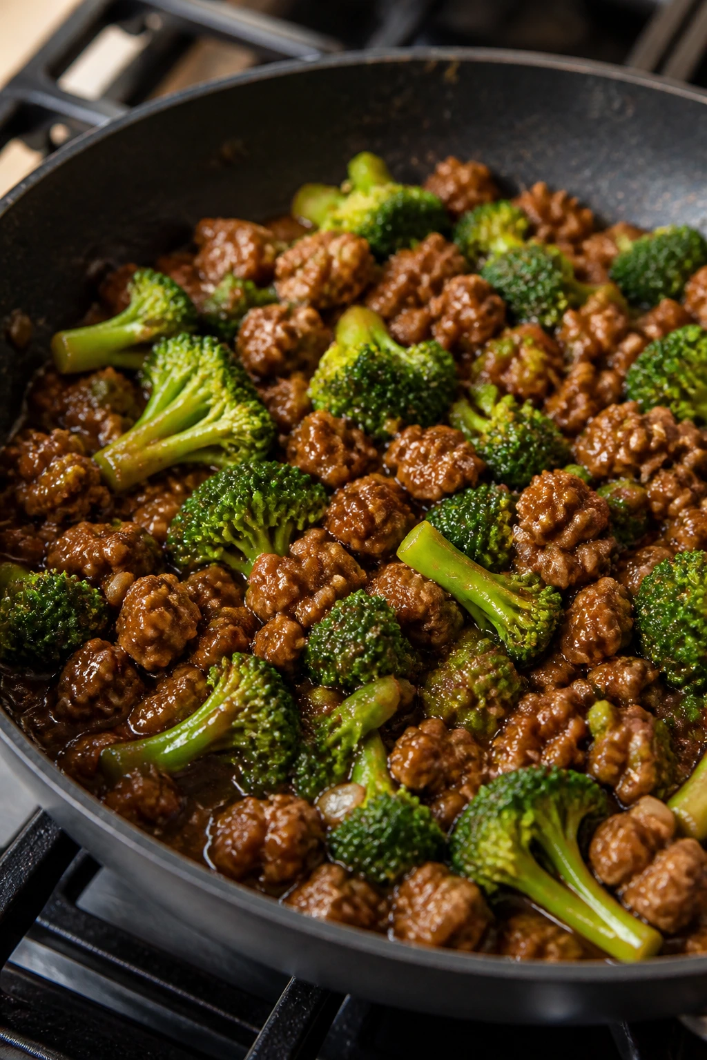 Close-up of ground beef and broccoli stir-fry in a glossy sauce on a skillet