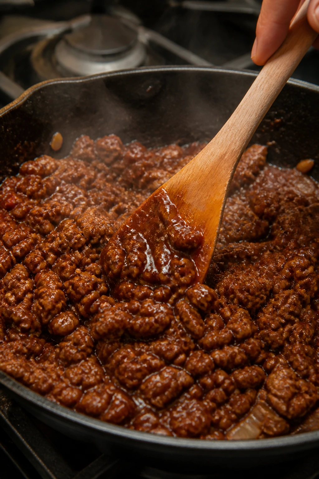 Close-up of browned ground beef with glossy glaze in a skillet