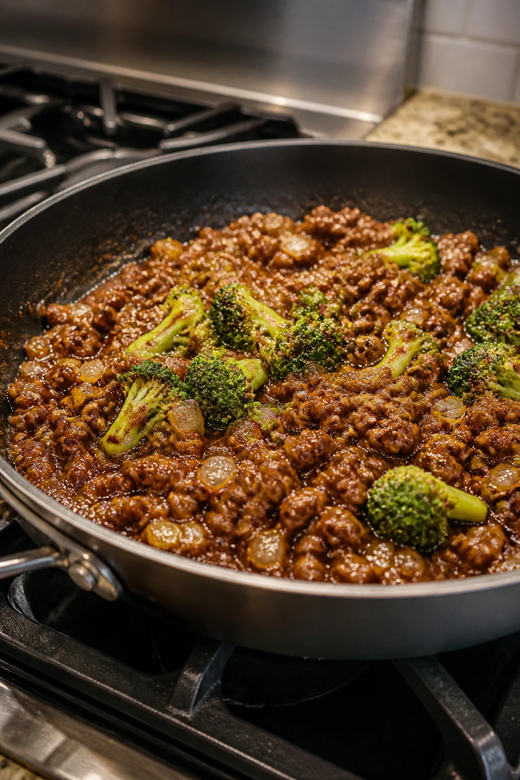 Close-up of browned ground beef in a skillet forming a glossy sauce in a home kitchen