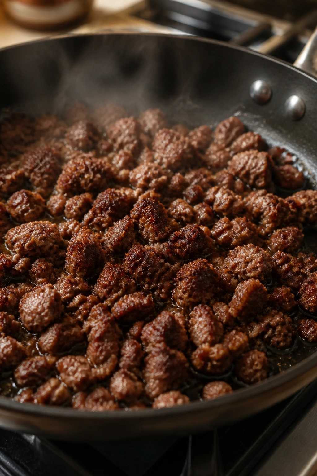 Close-up of browned ground beef with a nutty crust in a skillet