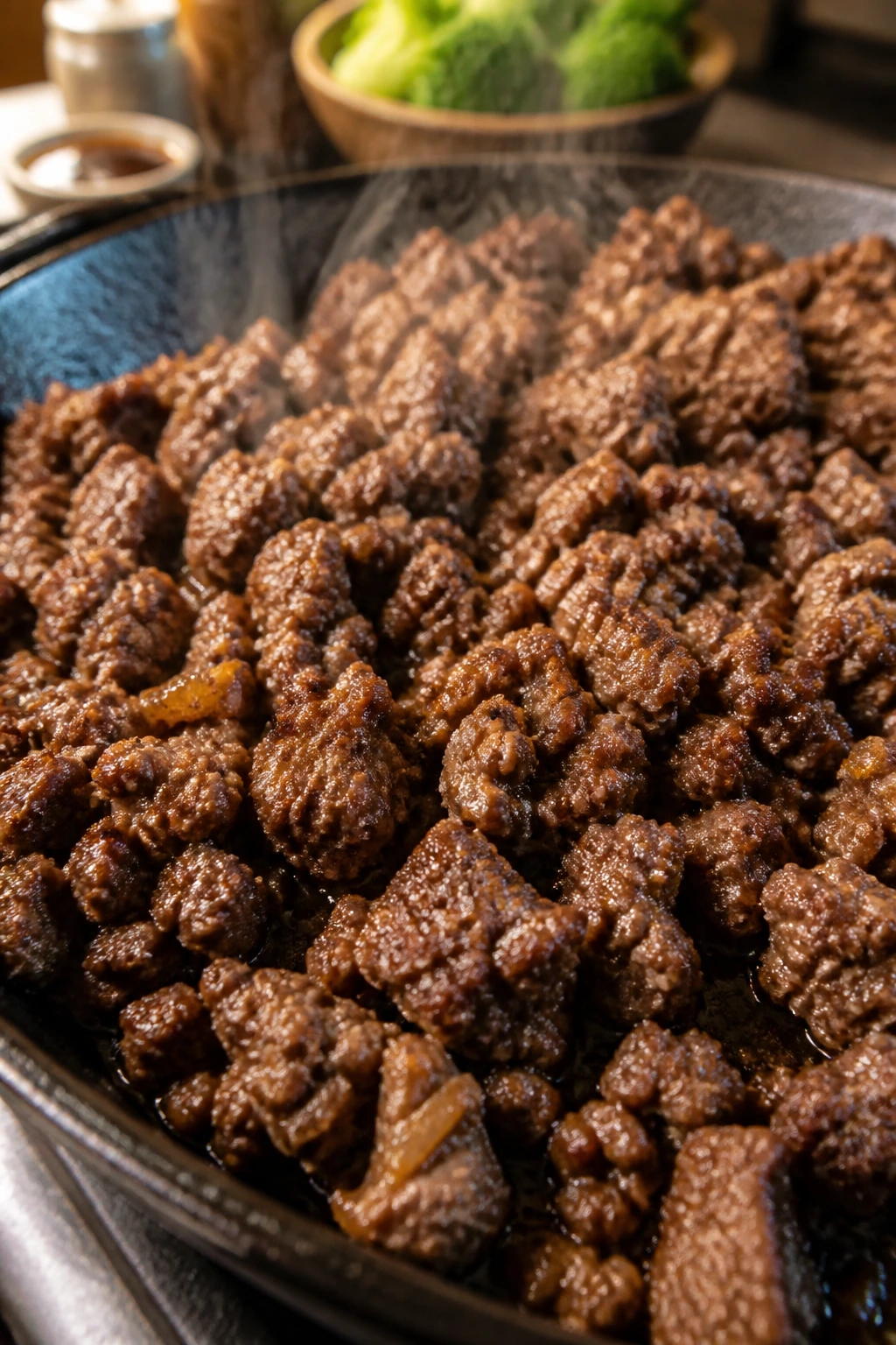 Close-up of browned ground beef in a skillet, browning to develop flavor.