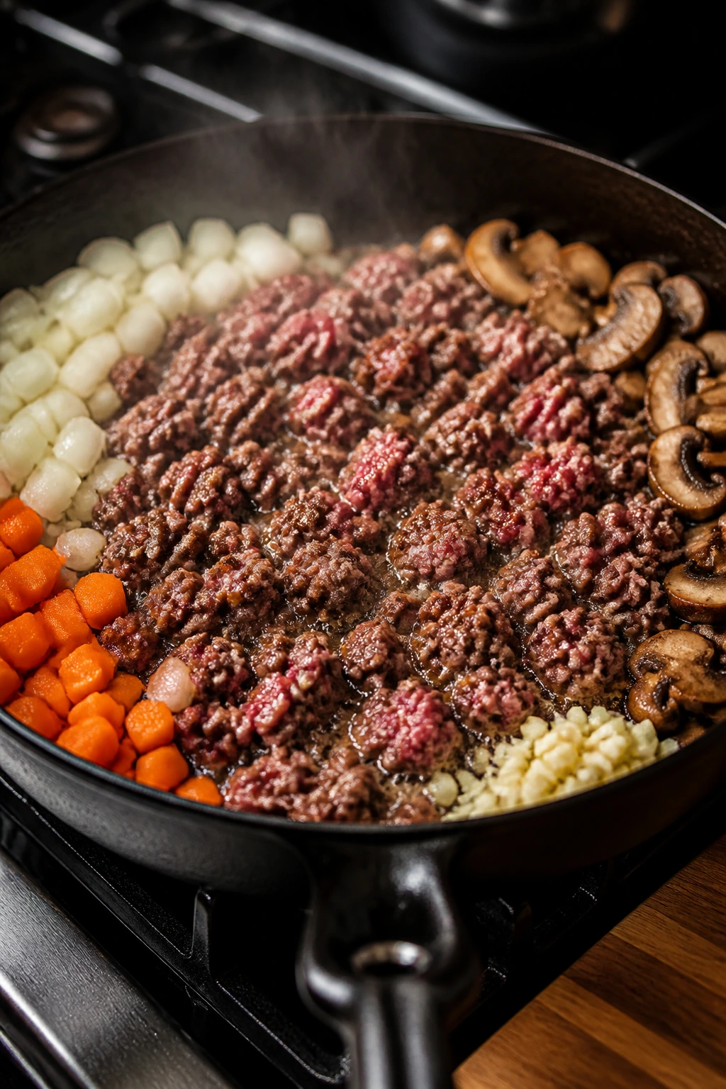 Sizzling beef and vegetables in a skillet during browning