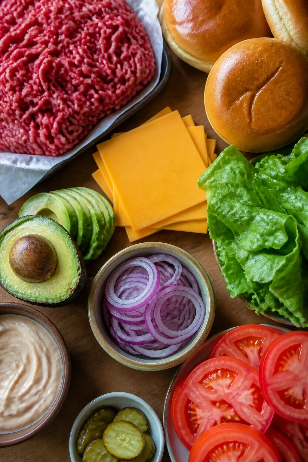 High-quality burger ingredients for smart shopping beef buns cheese vegetables
