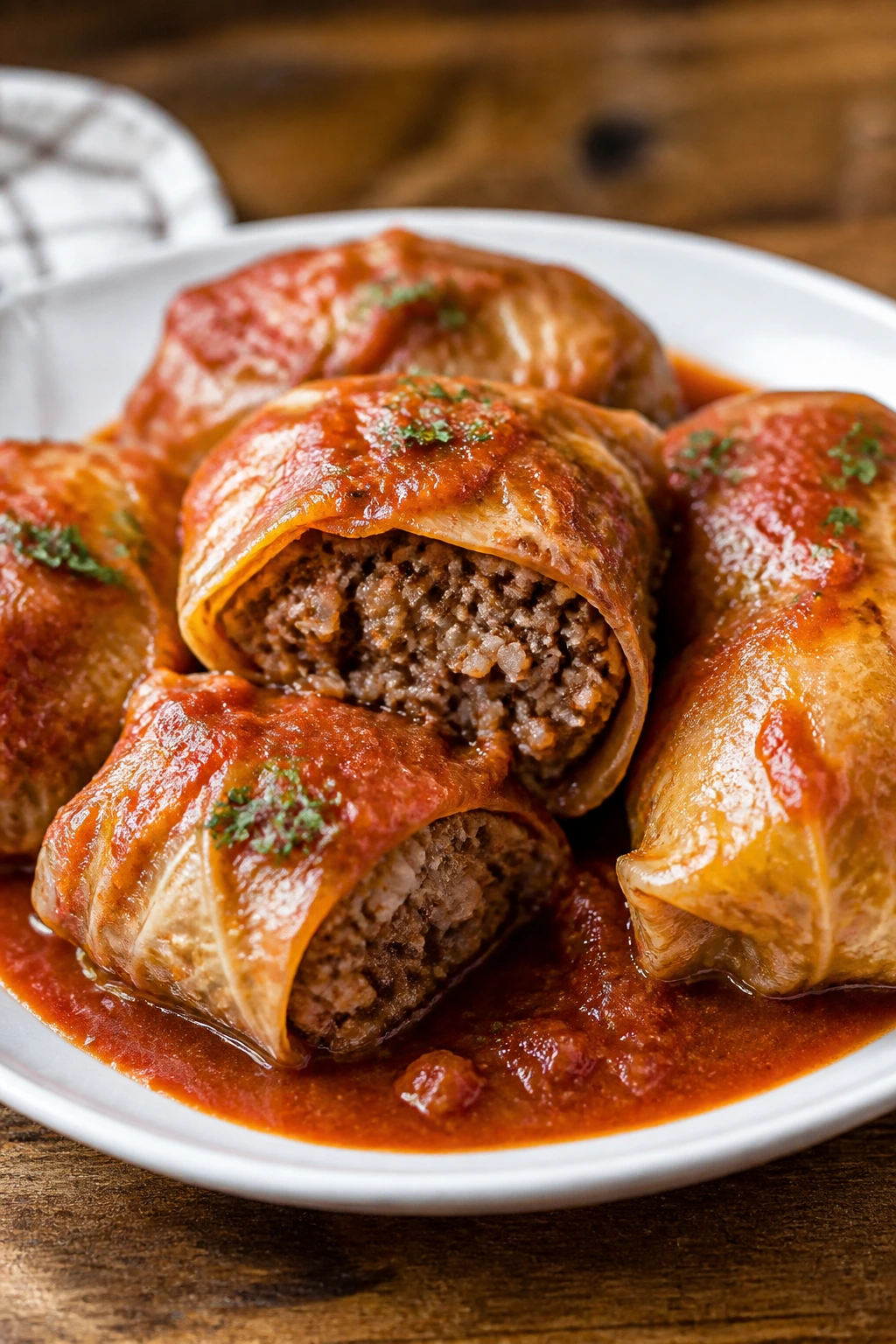 Close-up of stuffed cabbage rolls with tomato sauce on a plate