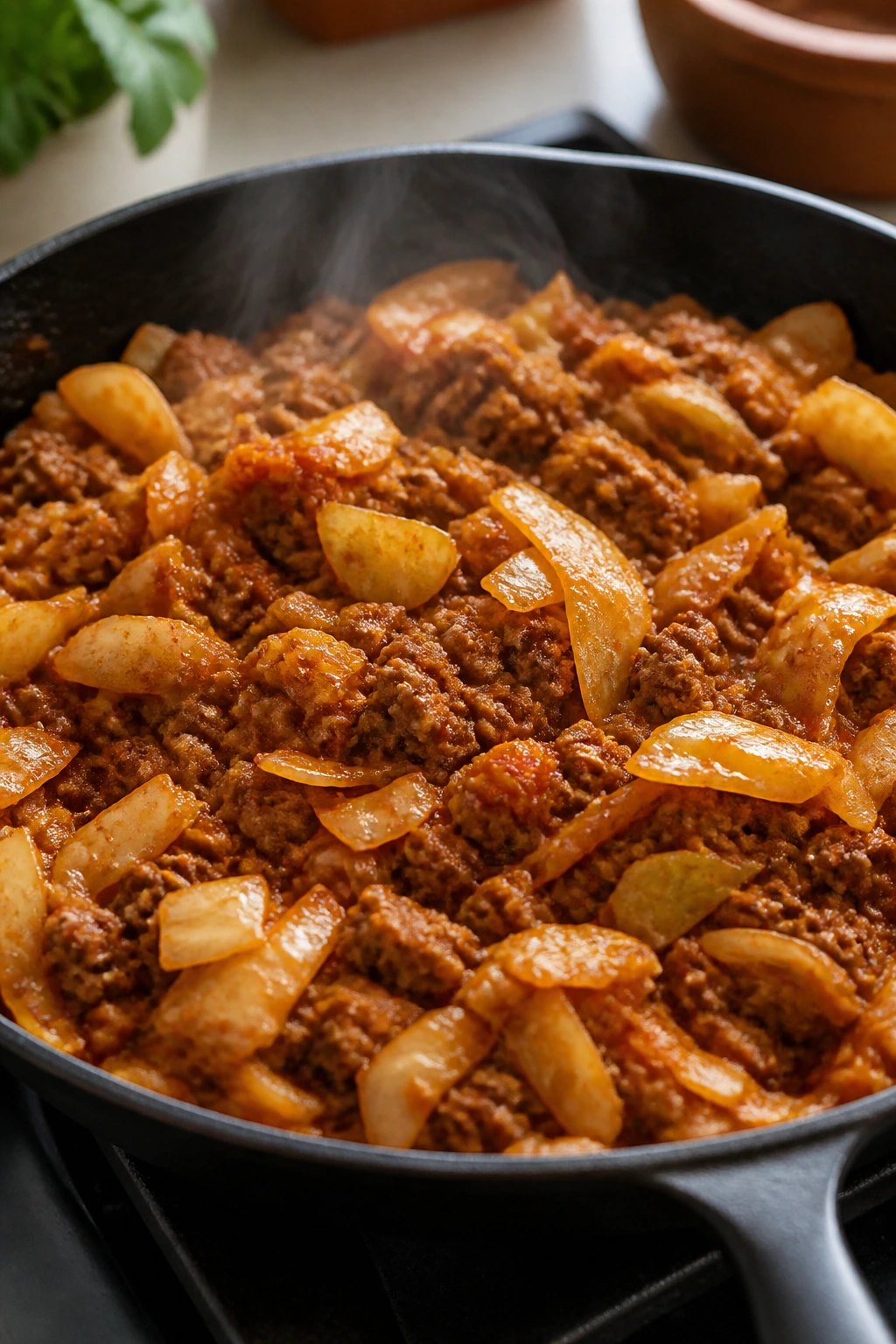 Close-up of Ground Beef and Cabbage Skillet with browned beef and cabbage in tomato sauce