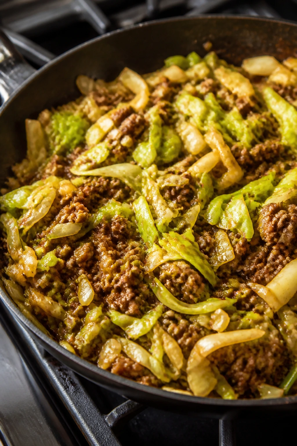 Beef and cabbage stir-fry in a skillet