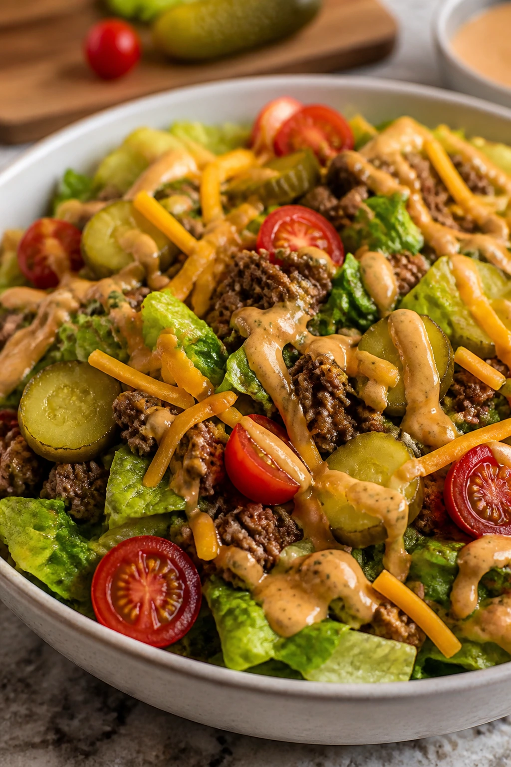 Beef cheeseburger salad with pickles and tomatoes