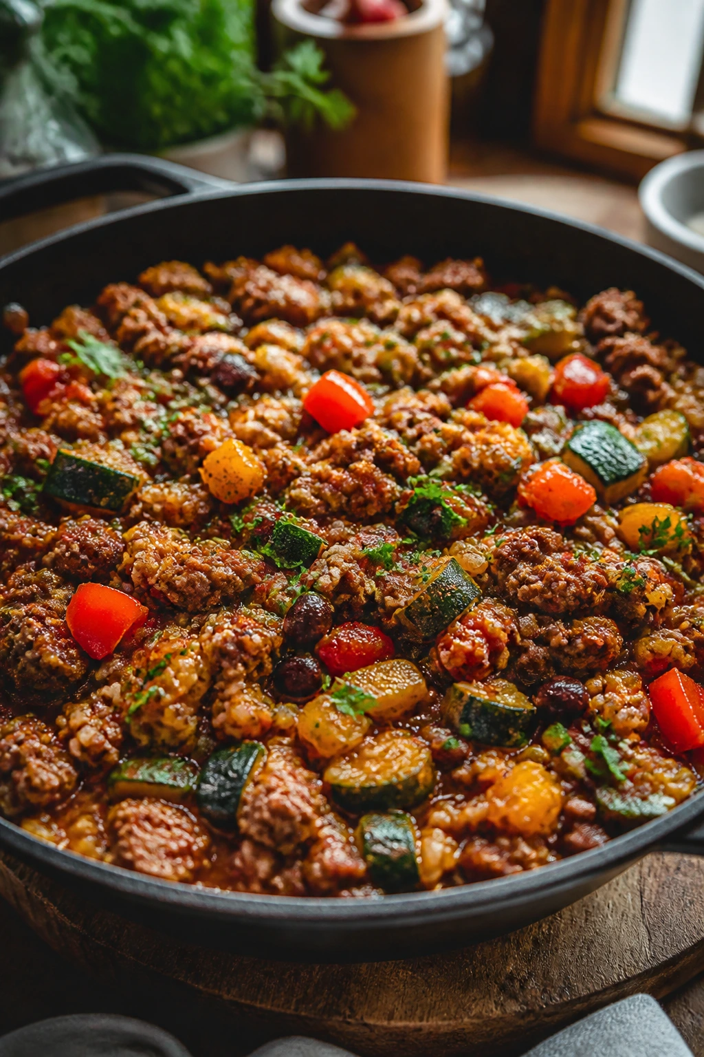 Close-up of a lean ground beef skillet with beans and vegetables