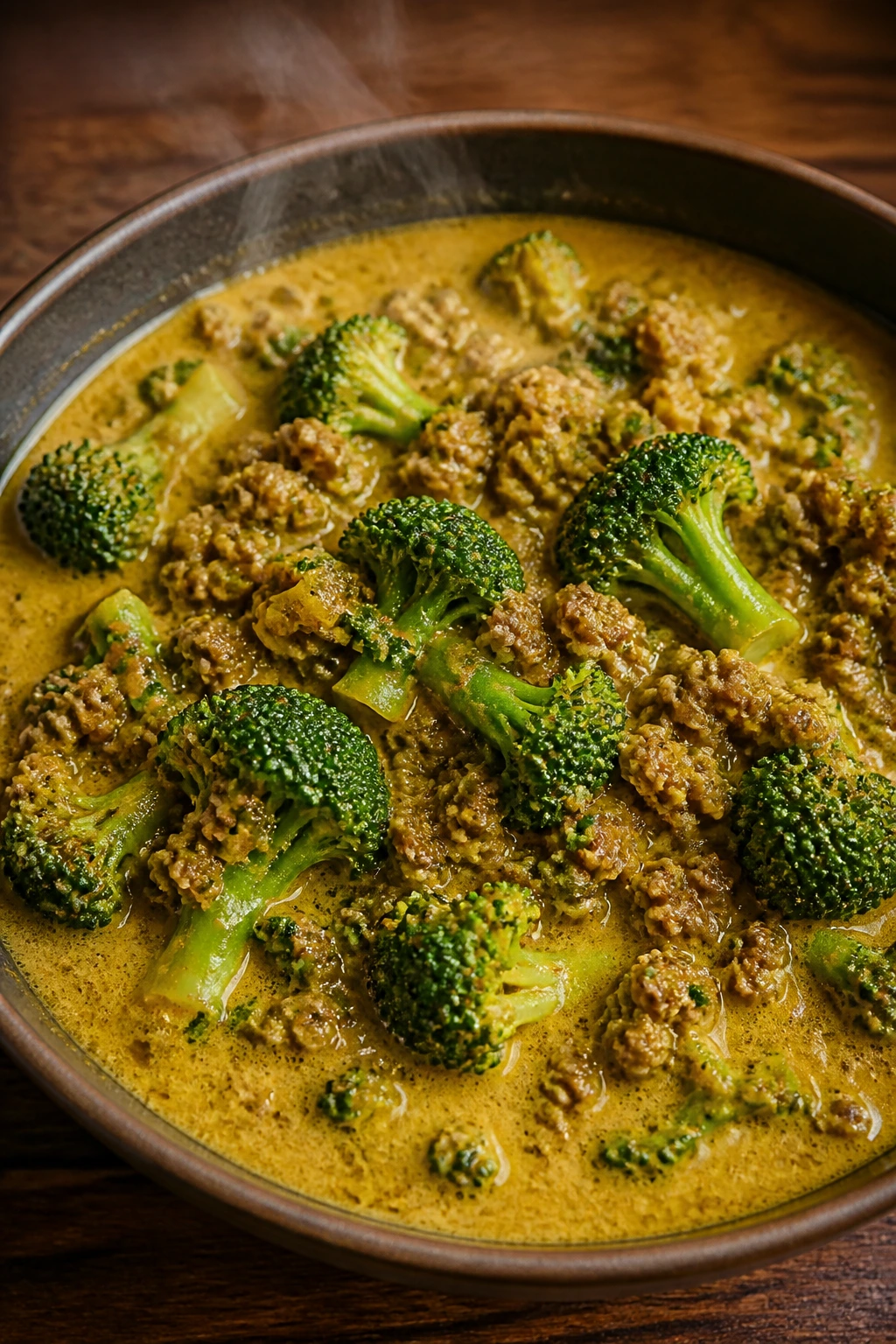 Beef curry with broccoli in coconut milk