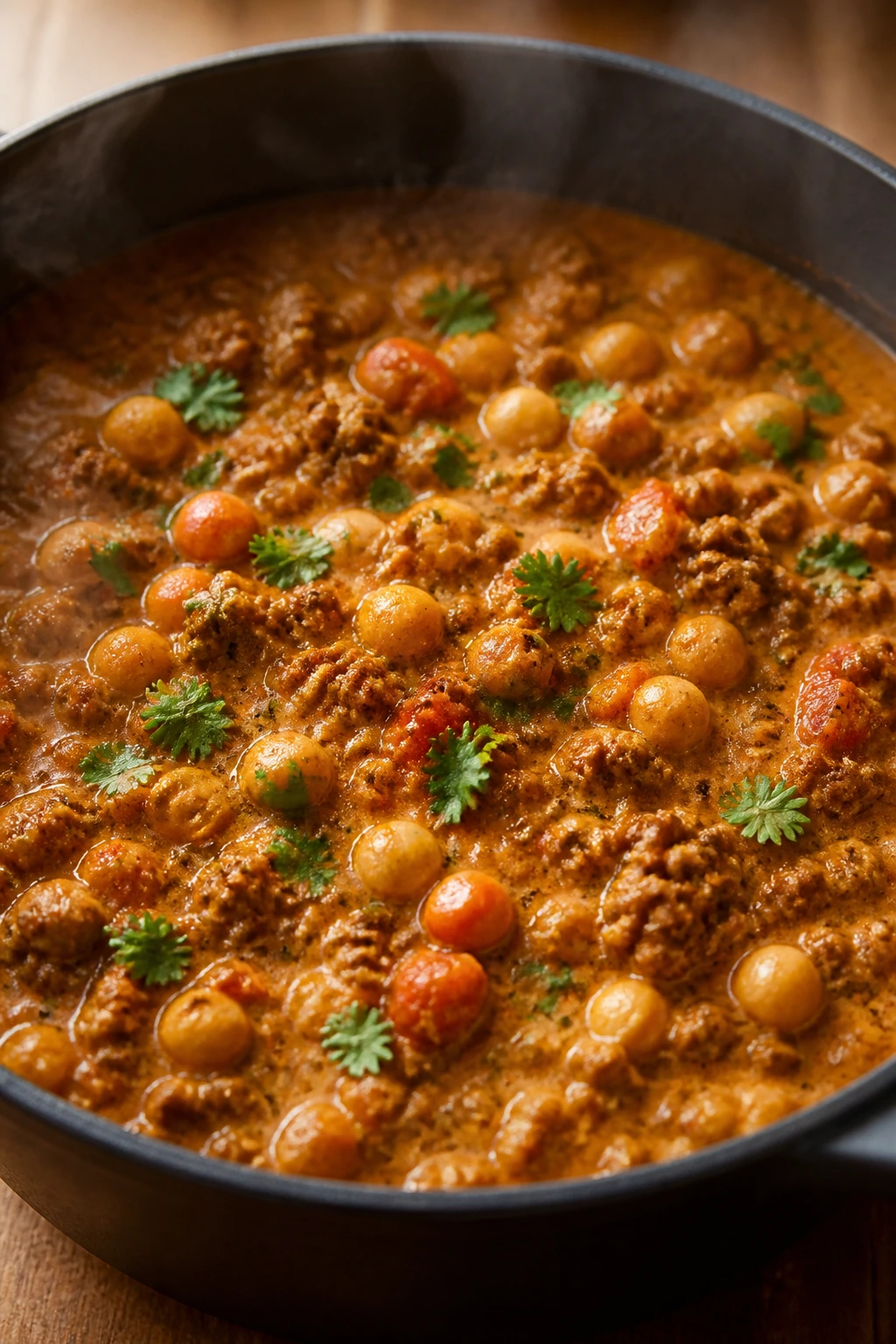 Close-up of ground beef chickpea curry in a pot with chickpeas