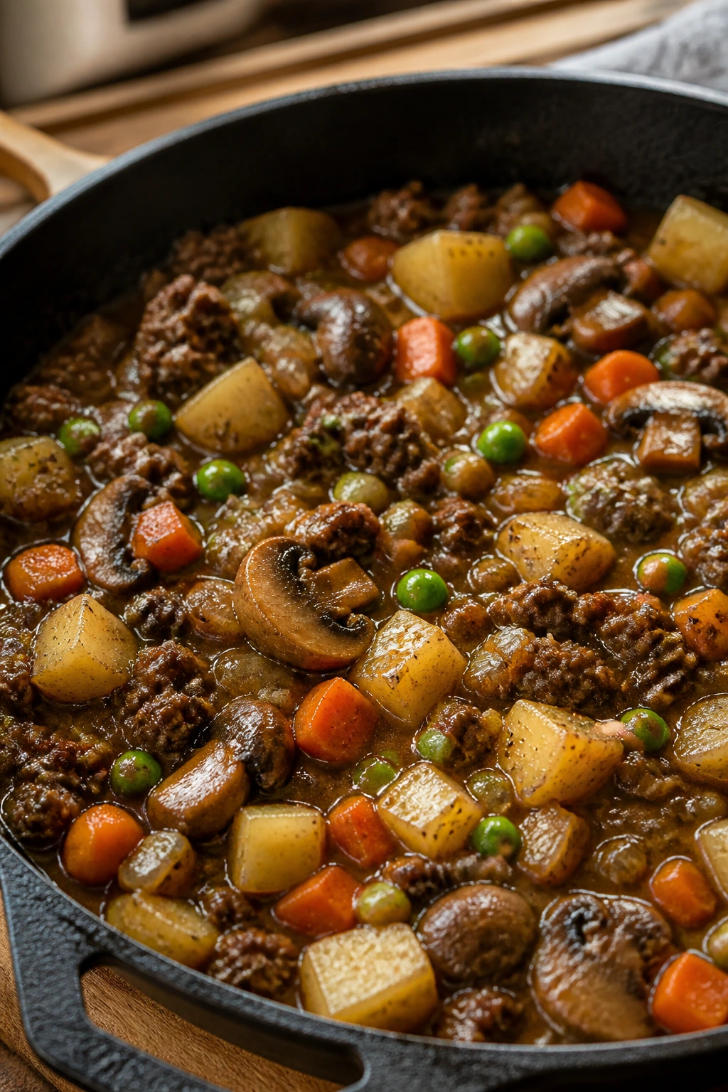 Close-up of Tender Ground Beef Dinner in a skillet with potatoes, carrots, mushrooms, peas and beef gravy