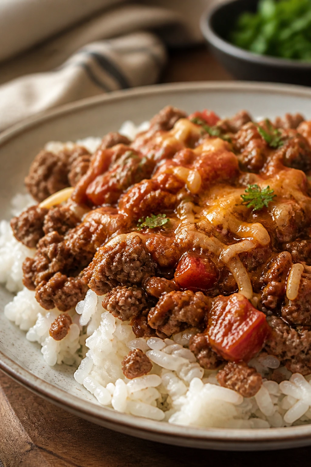 Close-up of a plated ground beef dish on rice with sauce, emphasizing a practical, filling dinner