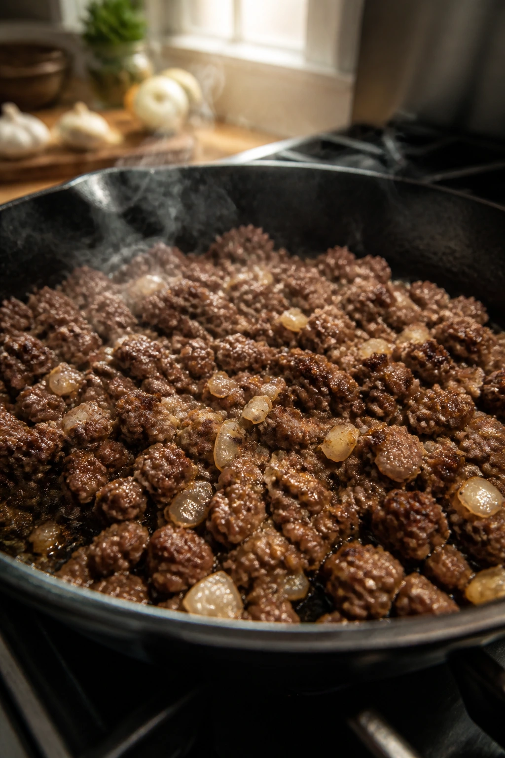 Close-up of browned ground beef in a sizzling skillet with onions in a warm kitchen