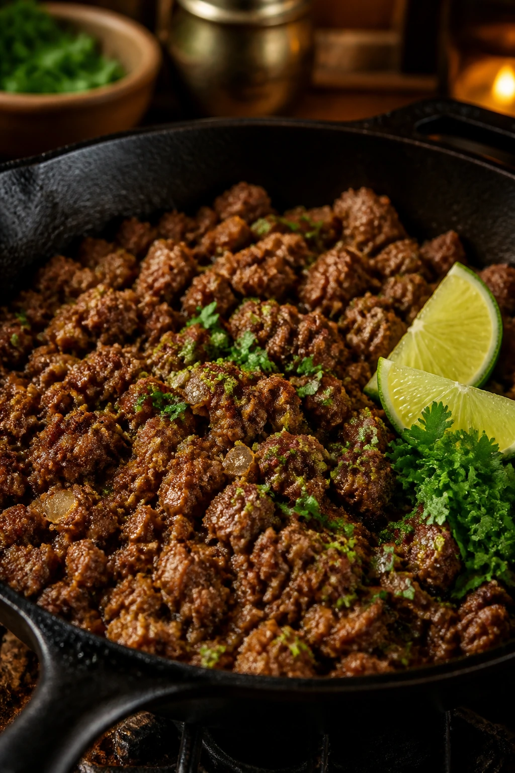 Close-up of ground beef with lime and herbs in a skillet