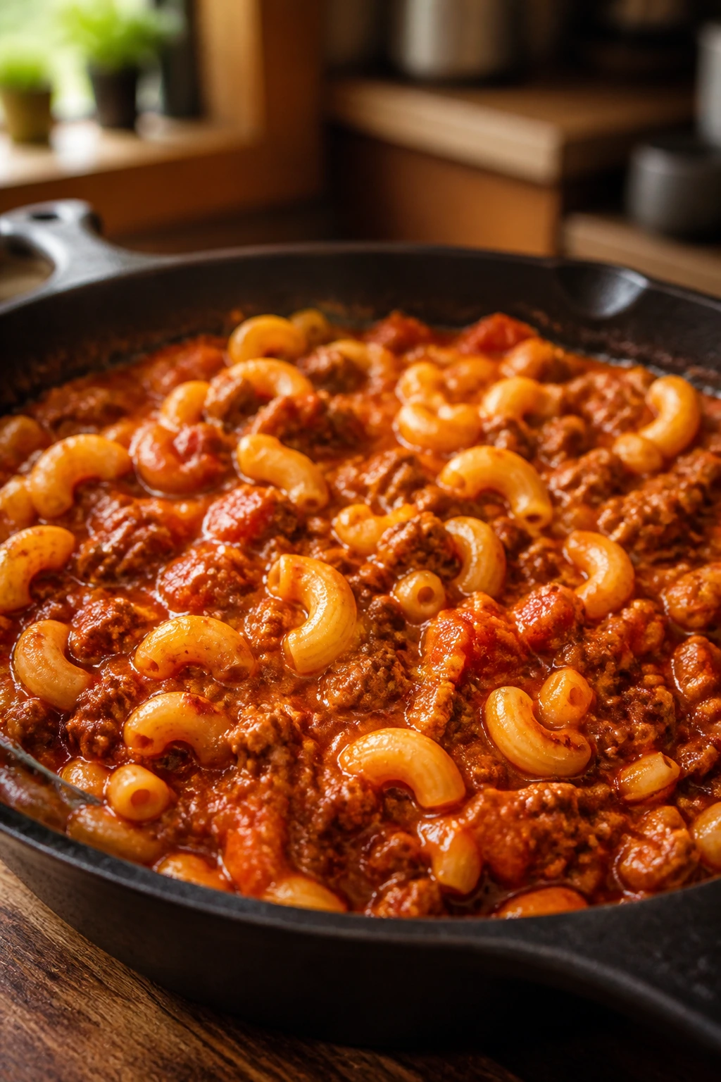 Ground Beef Goulash in a skillet with pasta and tomato sauce