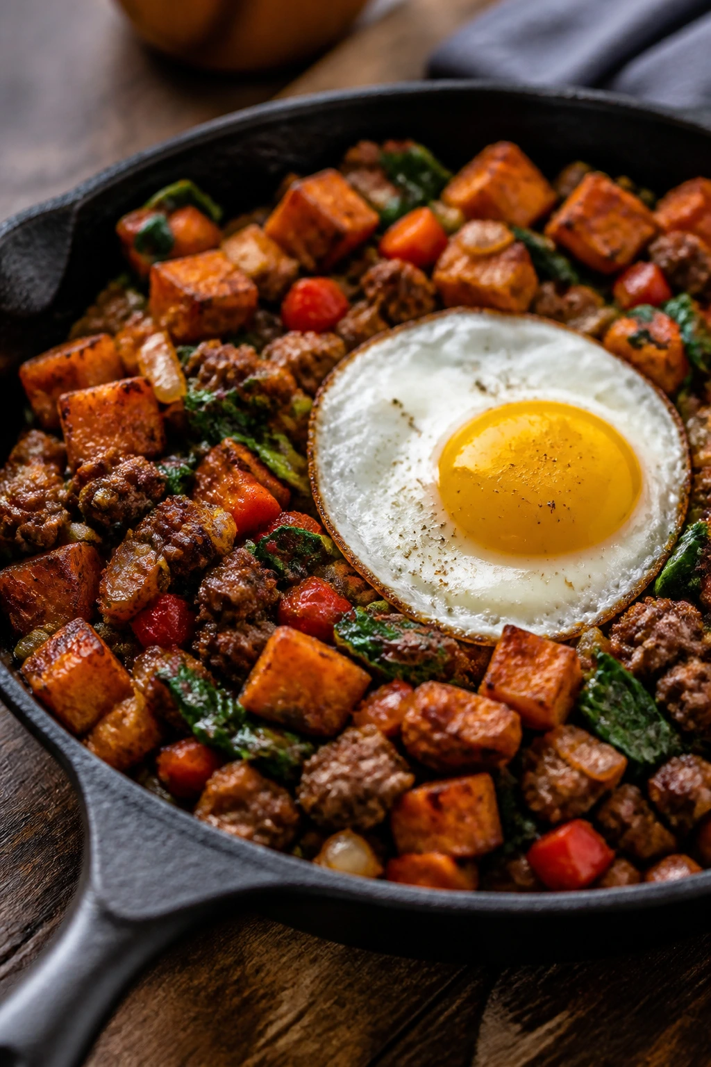 Close-up view of ground beef hash with sweet potato and eggs in a skillet.