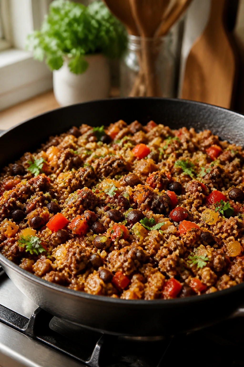 Close-up of a healthy ground beef skillet with beans and vegetables.
