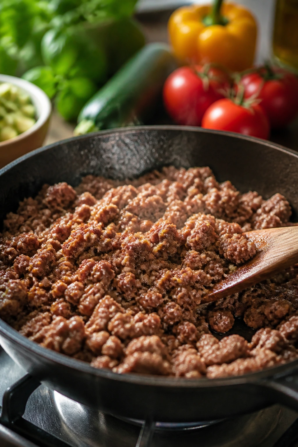 Ground beef browning in a skillet on a warm kitchen stove