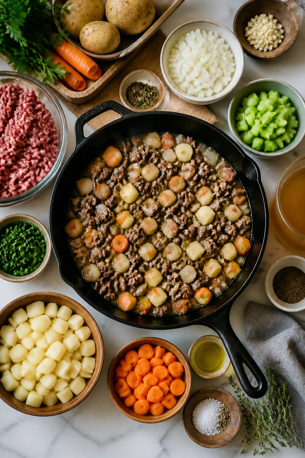 Top-down view of raw ingredients around a skillet on a kitchen island