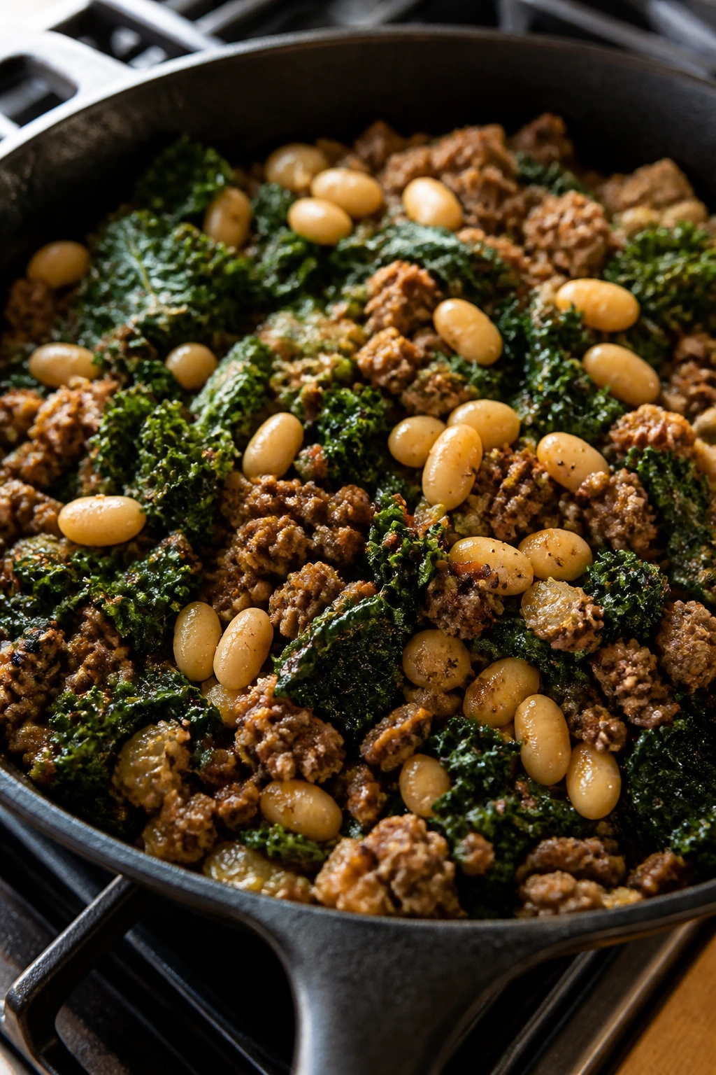 Skillet of ground beef with kale and white beans