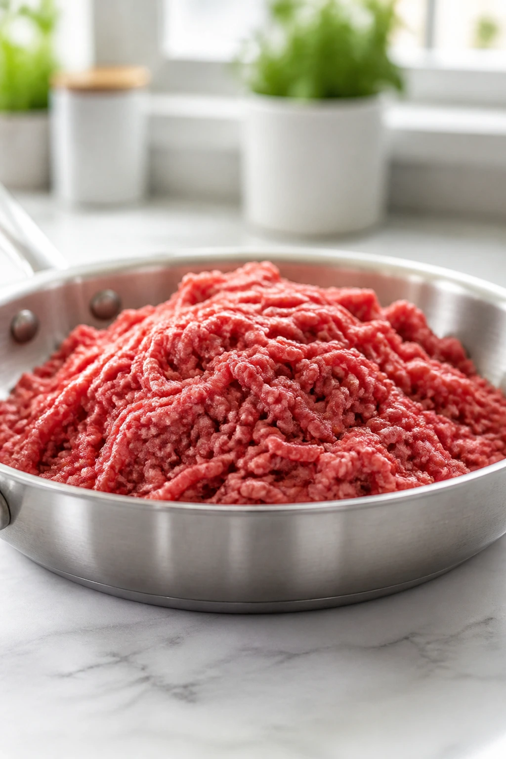 Mound of lean ground beef in a skillet on a kitchen counter.