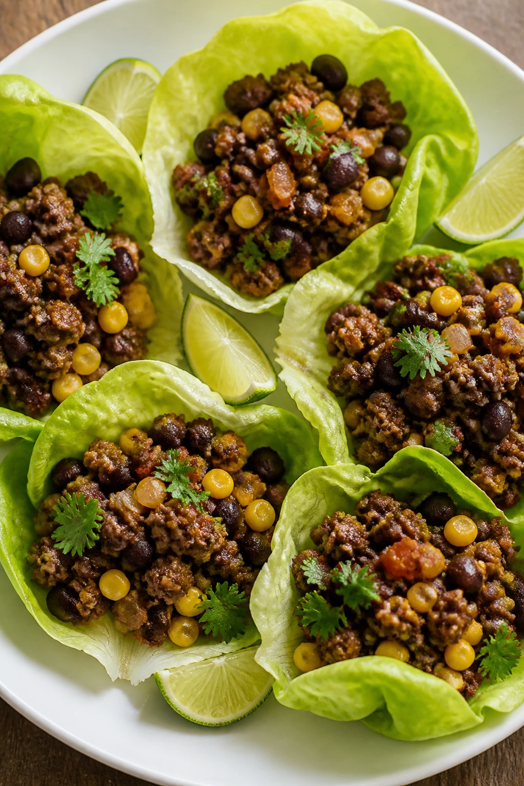 Lettuce cups filled with beef, corn and black beans on a plate