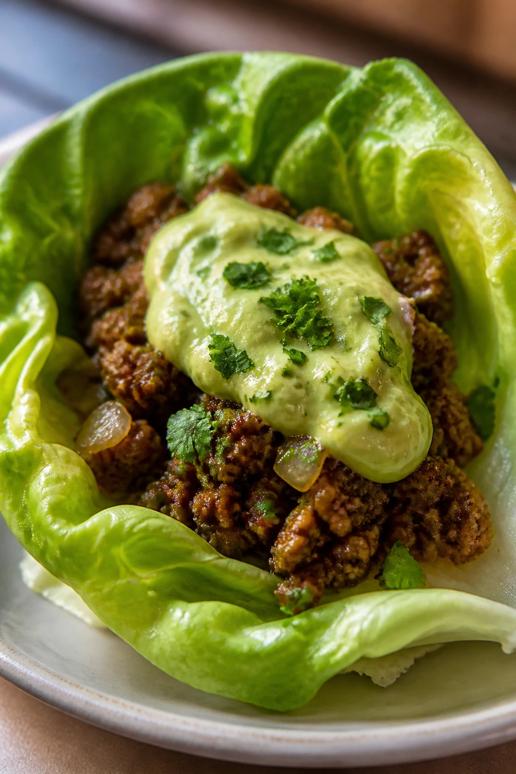 Lettuce cup taco with beef and avocado crema on plate