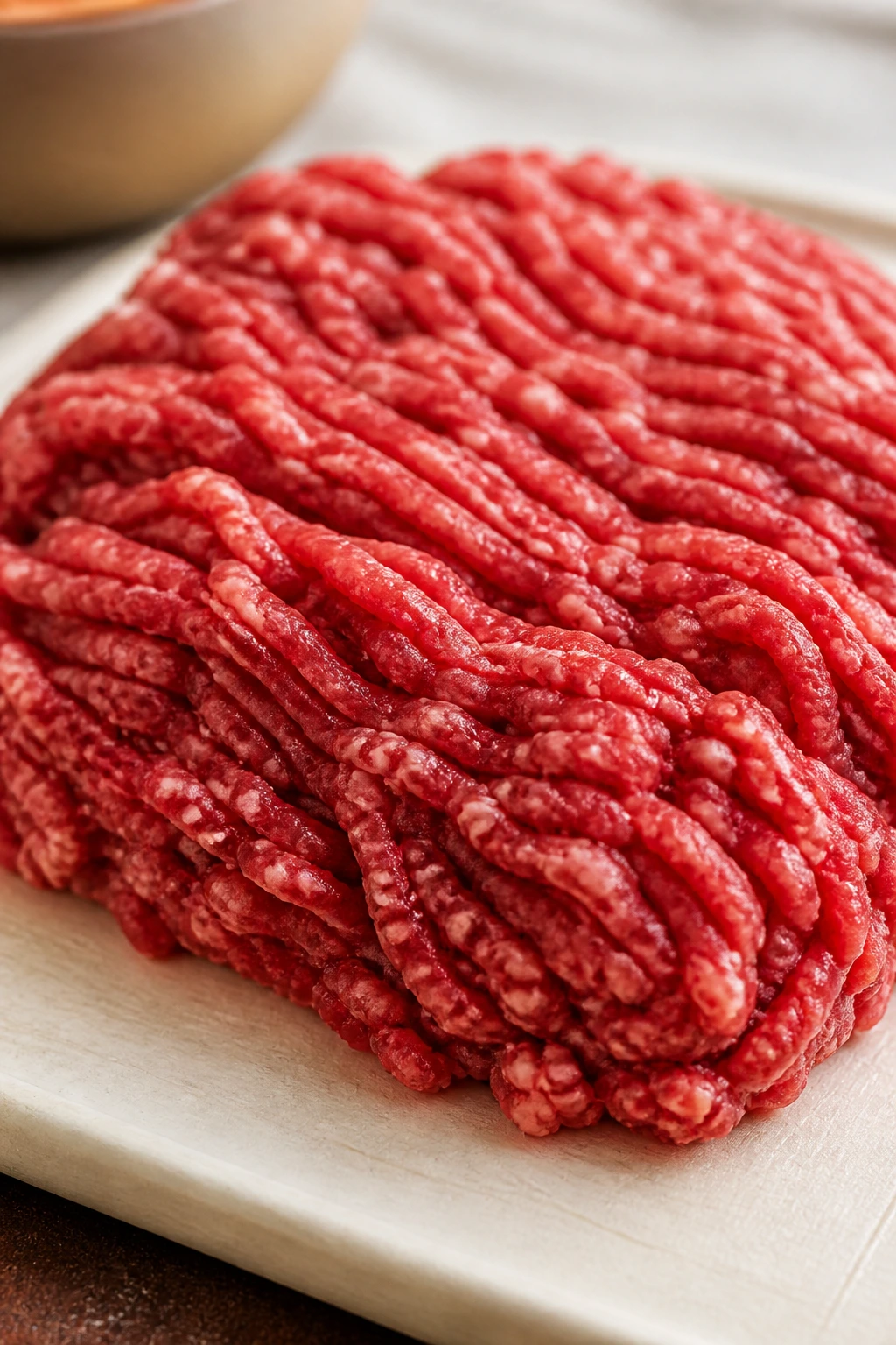 Close-up of marbled ground beef on a cutting board in a bright kitchen
