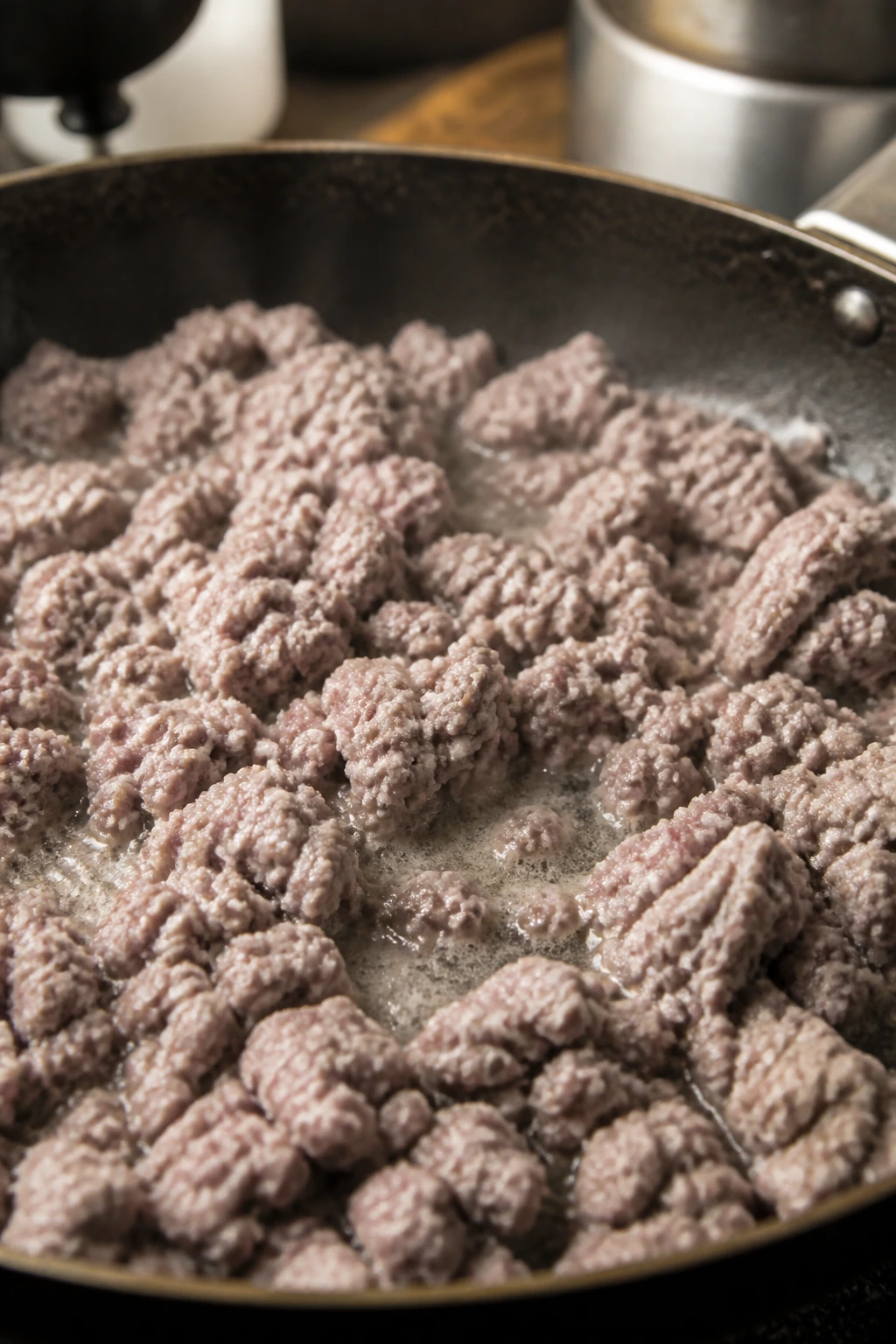 Gray under-browned ground beef in pan