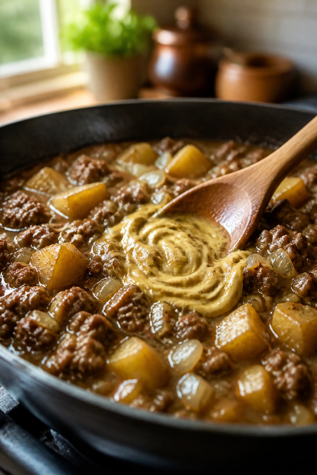 Close-up of a skillet with browned beef, onions, potatoes in glossy gravy with a Dijon mustard swirl.