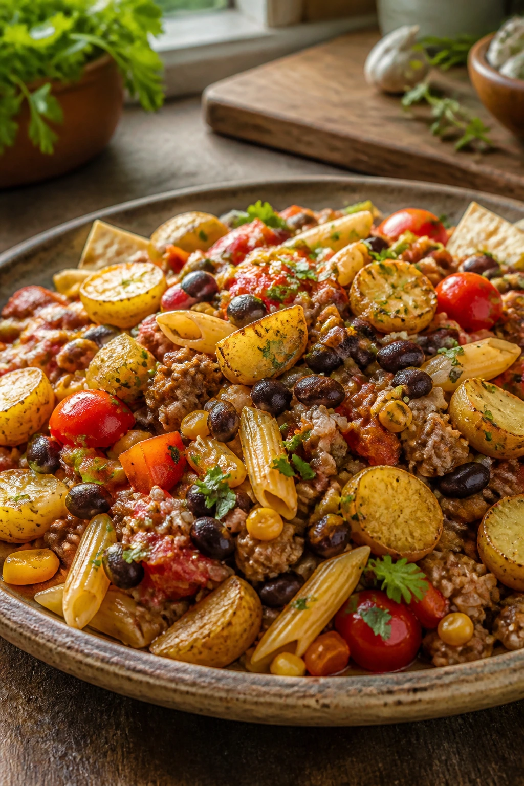 Close-up of a hearty beef skillet with beans, pasta, rice and vegetables