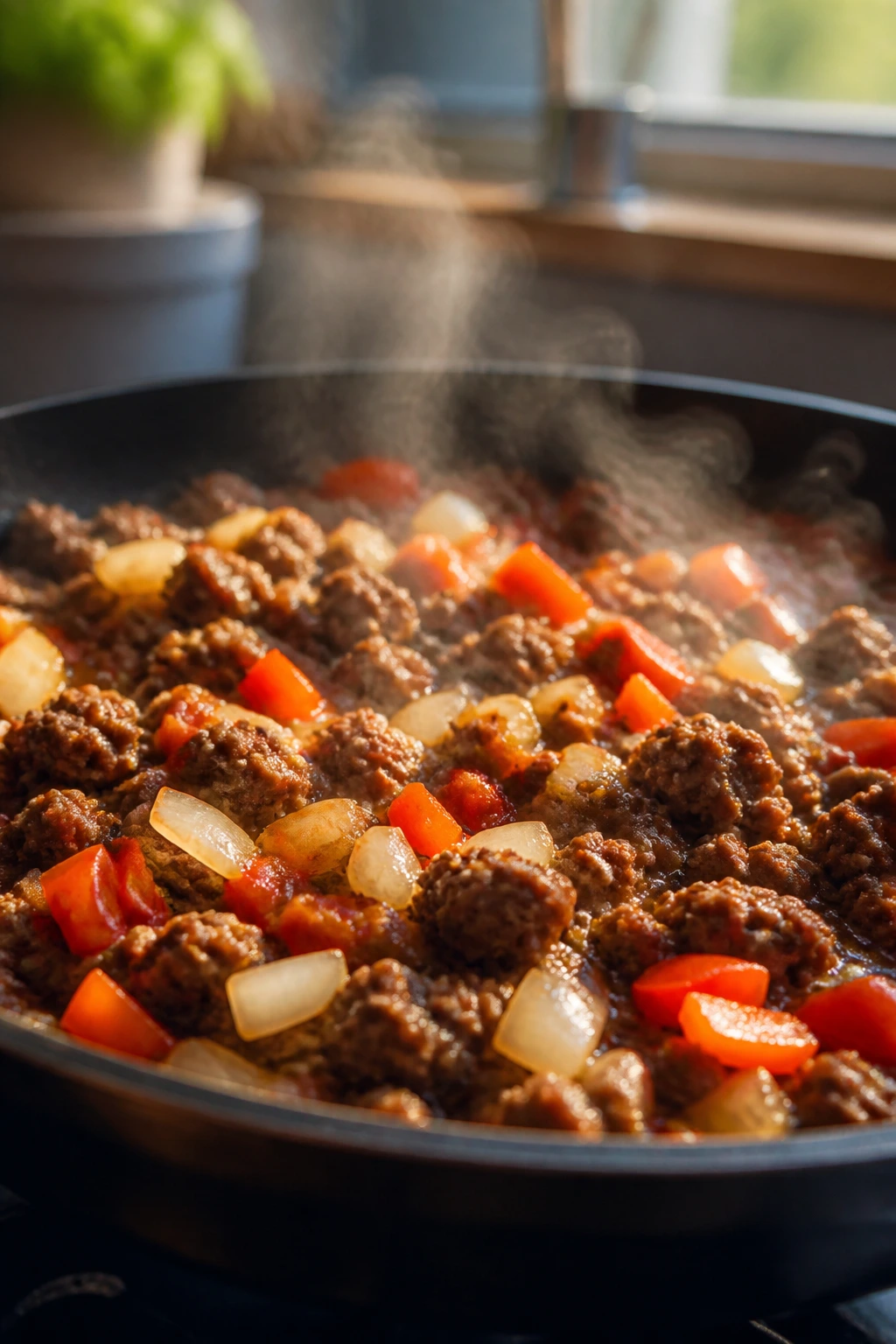 Browned ground beef with aromatics in skillet